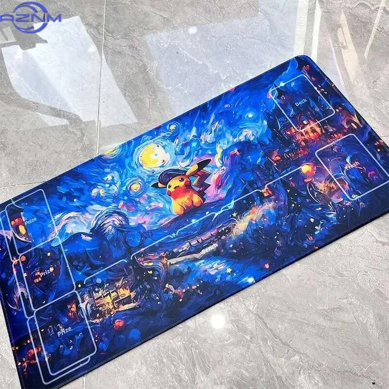 Starry Night Van Gogh Style Pikachu TCG Mouse Pad, Waterproof Non-Slip Trading Card Game Playmat
