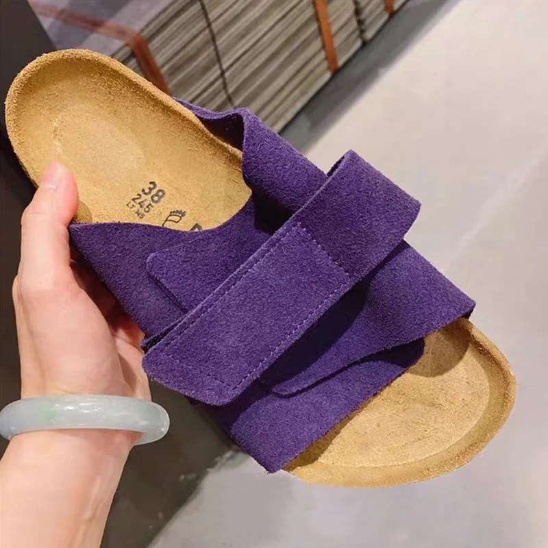 JOZHAMTA Size 35-39 Women Casual Slippers Real Leather Low Heels Summer Shoes Slouchy Beach Daily Slides Sandals Purple Dress