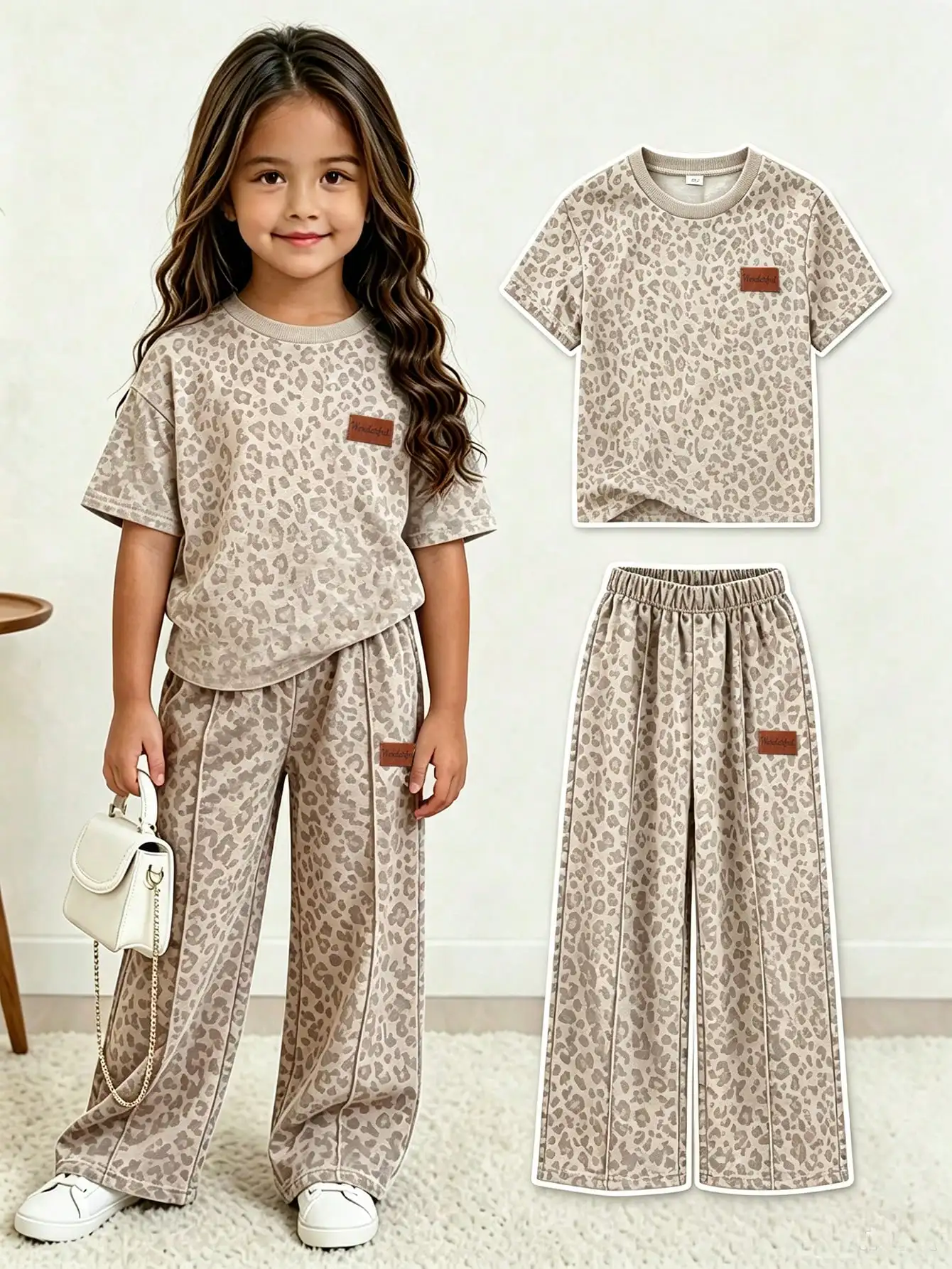 SHEIN Genkimix Kids Young Girls Casual Loose Drop Shoulder Leopard Print Mid-Sleeve Sweatshirt And Sweatpants 2-Piece Set Back To School Outfit, Perfect For Casual, Daily Wear And Autumn/Winter School Daily Wear, sk260722134511440527913