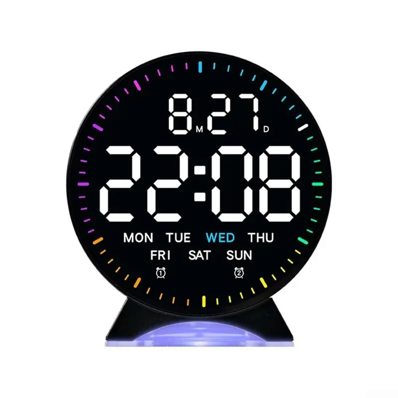 B23B Auto Dimmable LED Digital Desk Clock Multi-Color Ambient Light, Desktop Timer With Week Date Display& USB Cable