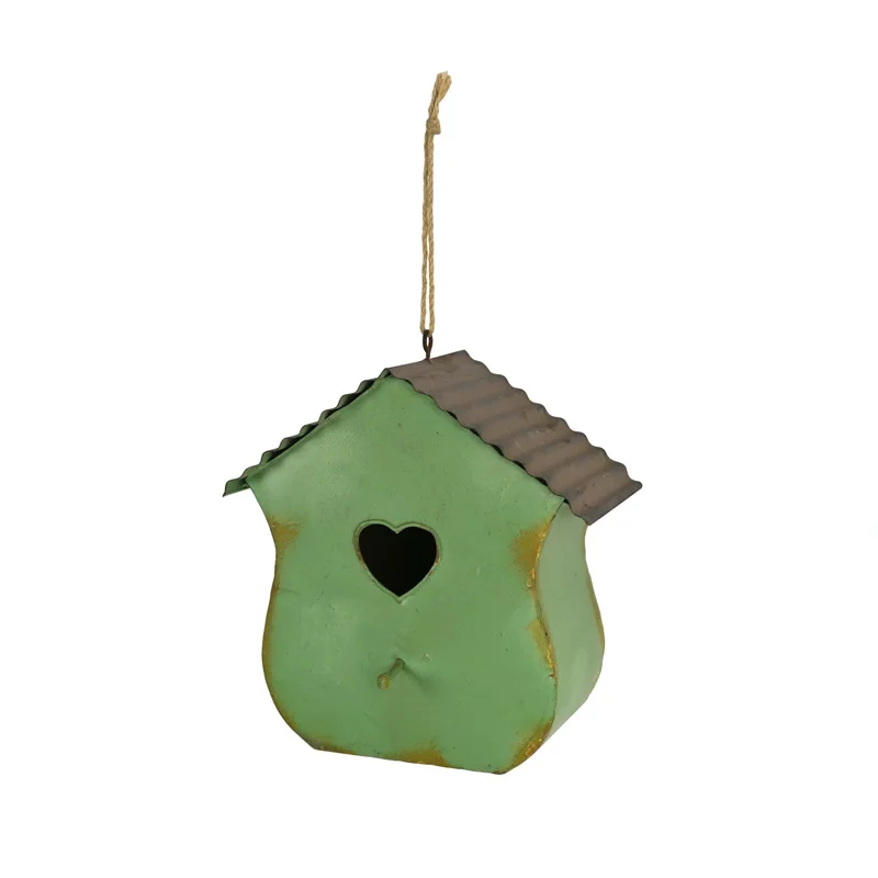 Rustic Metal Birdhouse with Heart Cutout, Green Distressed Finish, Corrugated Roof, Hanging Jute Rope,Decorative Garden Ornament