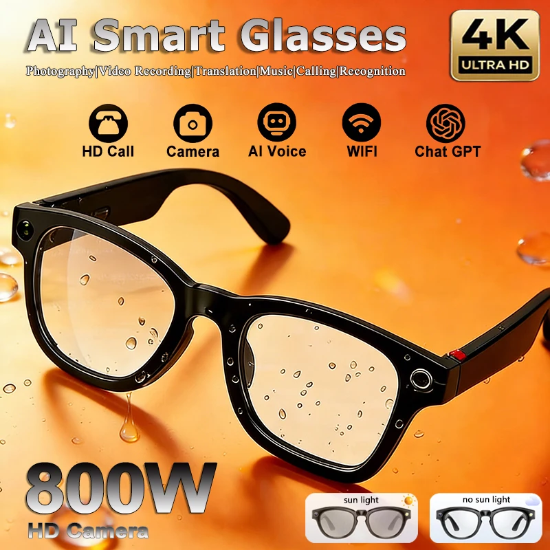 Lunettes intelligentes 4KHD AI, objectif photochromique, pour appareil photo, appels Bluetooth, lecteur de musique, Assistant vocal, traduction vidéo, nouveau 2026