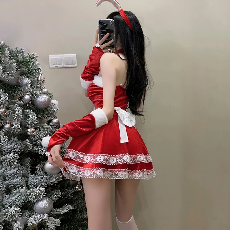 Vestido Rojo de Navidad para mujer, traje de conejito dulce, conjunto de traje de conejito, lencería Sexy, uniforme de sirvienta de Año Nuevo para dama