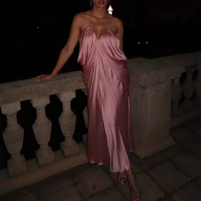 Damesmode effen satijnen losse lange jurk lente zomer diepe v-hals holle avondjurk sexy backless spaghetti-jurken