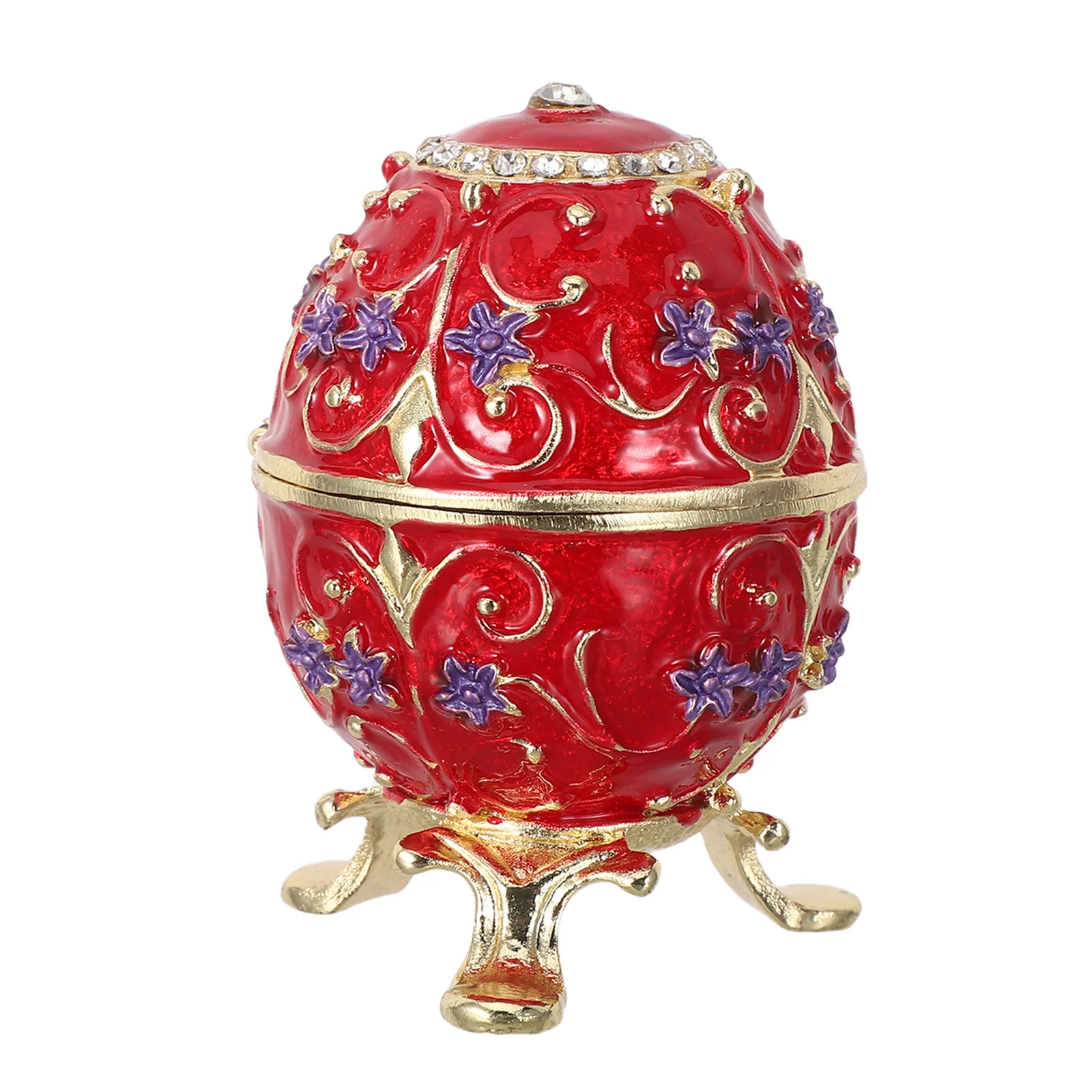 Vintage Russian Egg Jewelry Box Hand Painted Enamel Hinged Metal Trinket Box Mini Jewelry Organizer Small Ring Holder