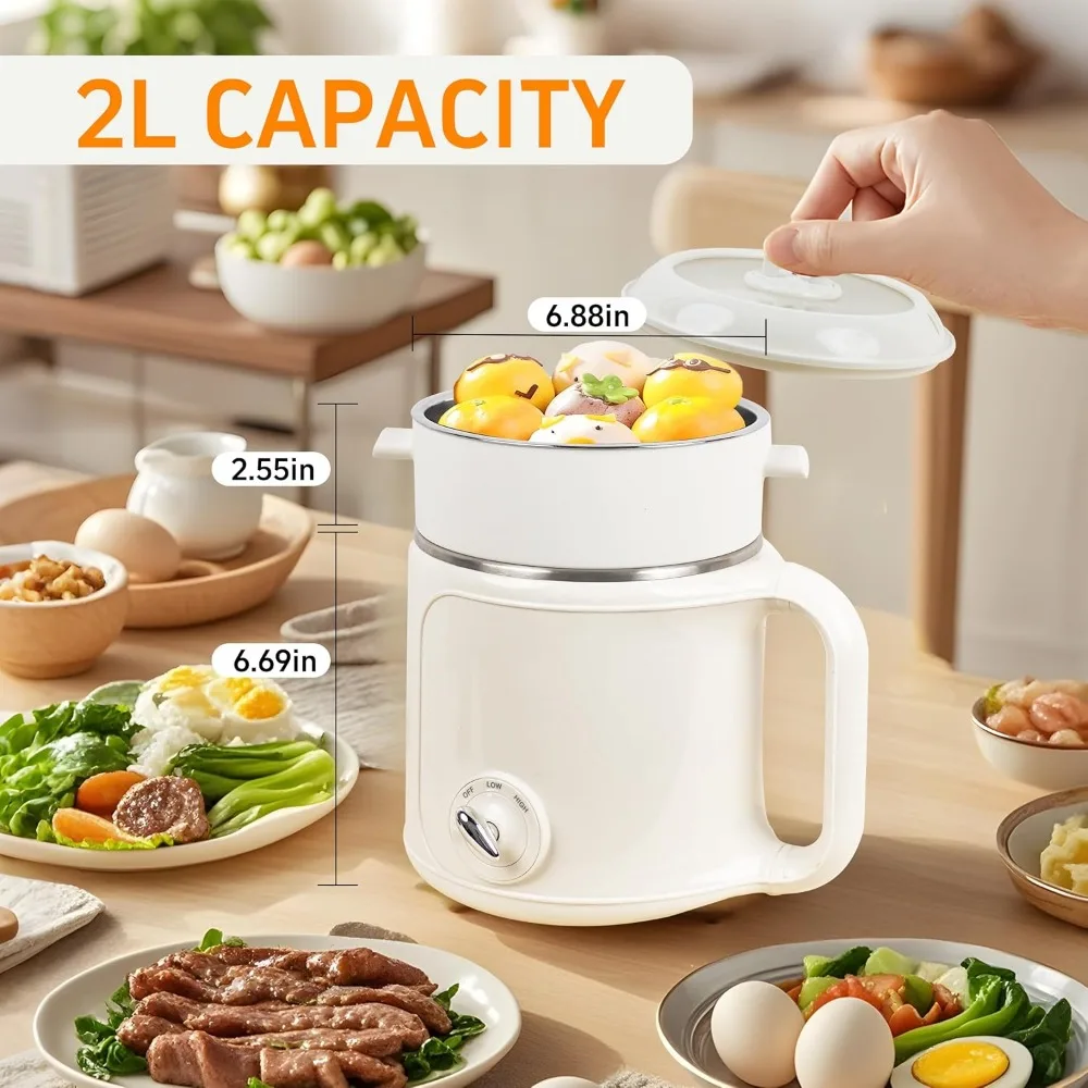 Hot Pot Electric with Steamer：2.0 L Ramen Cooker, Multifunctional Stainless Steel Electric Pot for Cooking, Portable ElectricPot