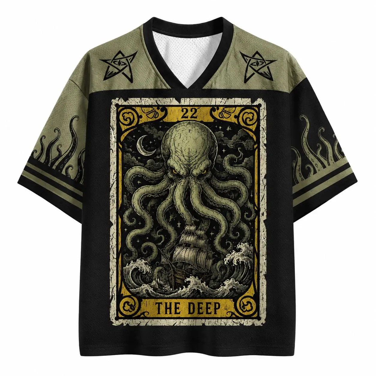 2026 Summer Fashion New Gothic Cthulhu Deep Sea Octopus 3D Print Loose Street Punk Outdoor Casual V-Neck T-shirt Large