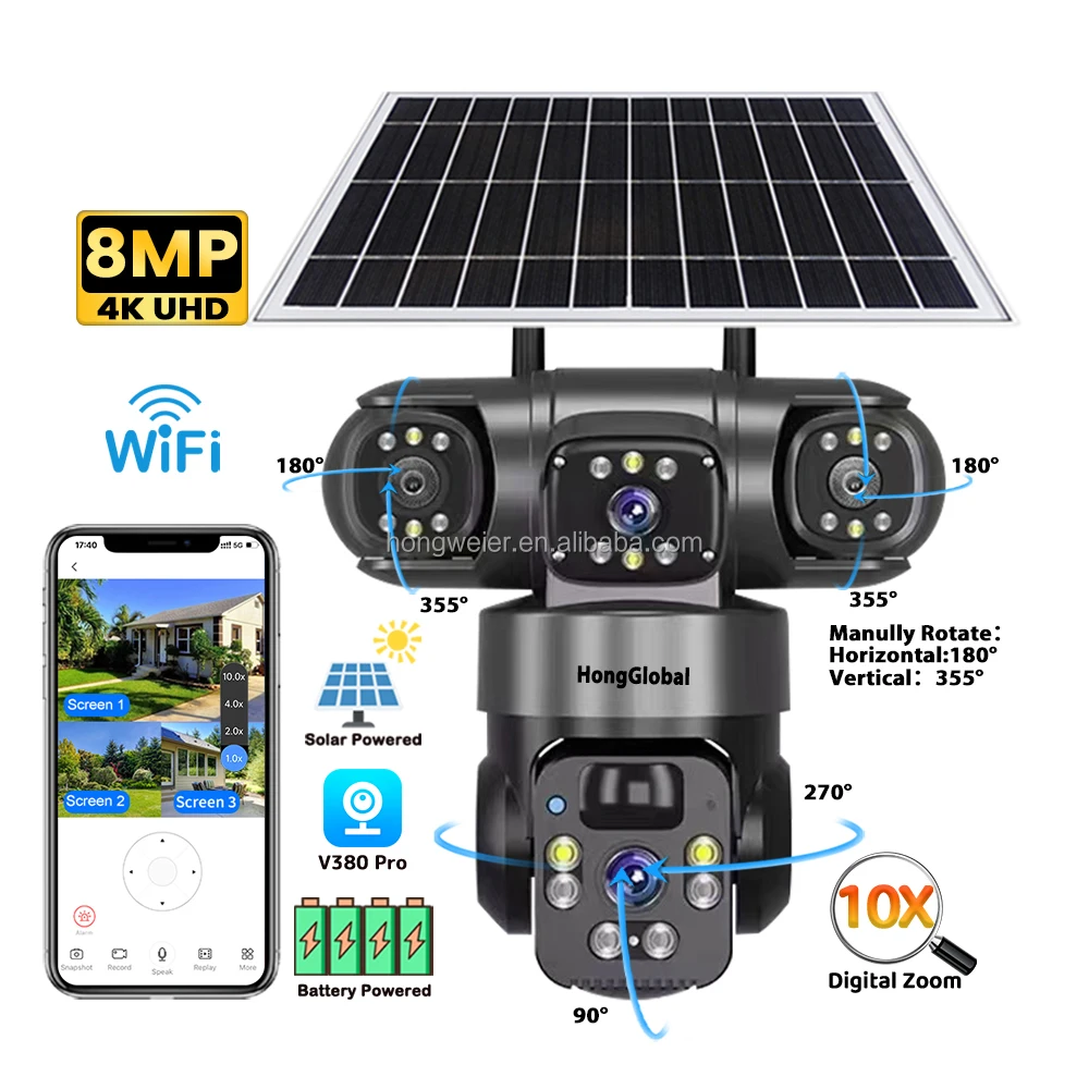 

HongGlobal 8MP 360 Dual Lens PTZ Wireless Solar Energy CCTV Surveil WiFi Camera V380 Pro 4K Outdoor WiFi Security Solar Camera