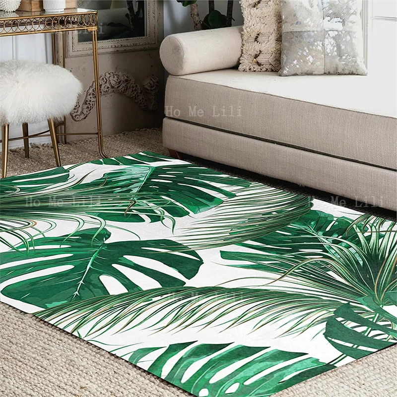 Tropical Plants Palm Tree Leaves Jungle Green Floral Design Flannel Floor Rugs Shallow Dark Green Natural Scenery Home Decor