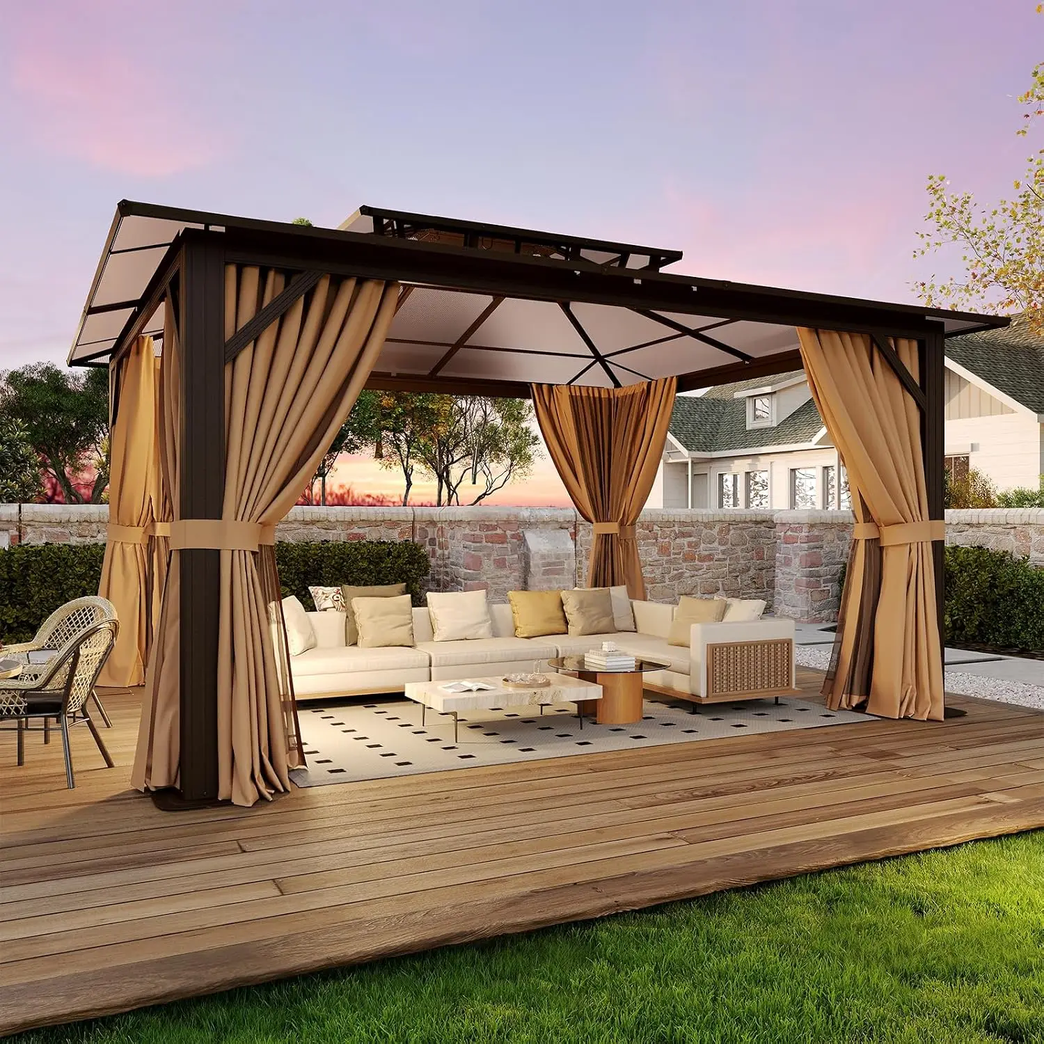 12' x 14' Hardtop Gazebo, Outdoor Metal Gazebo Pavilion Pergola with Double Polycarbonate Roof, Sturdy Aluminum Frame, Removable Curtains & Netting, Permanent Garden Patio Lawn Structure, Brown