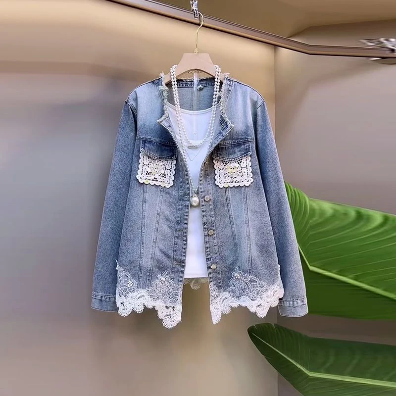 

plus Size Women's round Neck Patchwork Lace Hem Long Sleeve Denim Top Elegant Design Fat Sister's Outerwear Casual Commute St...