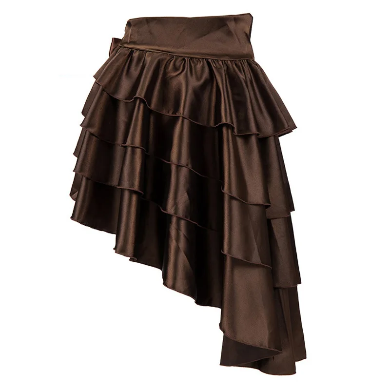 Victorian Black Ruffle Satin Layered Asymmetical Gothic Skirt Women Skirts With Bow Matching Steampunk Corsets and Bustiers