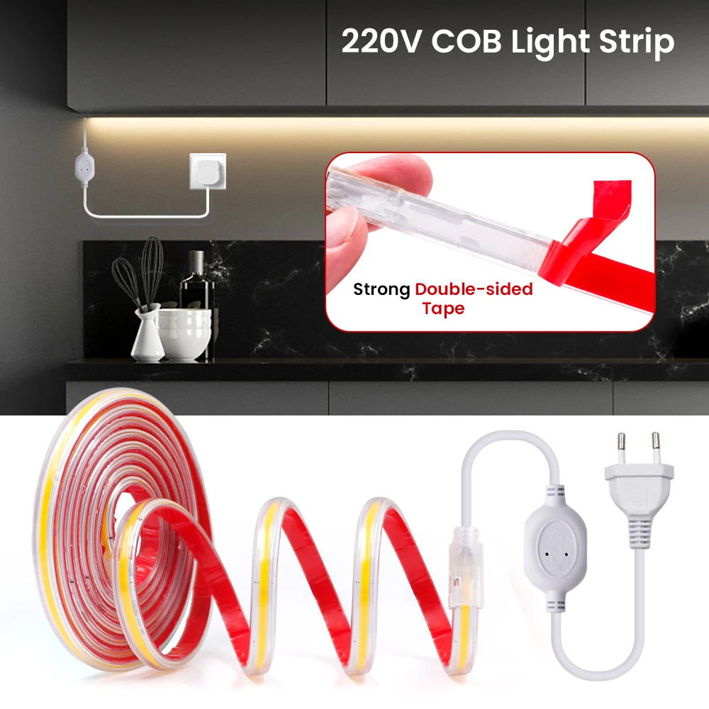 220V COB Streifen Wasserdicht EU UK Stecker 50CM Cut 288Leds/M RA85 3000K 4000K 6000K Hause Garten Dekor Flexible Band Seil LED Licht