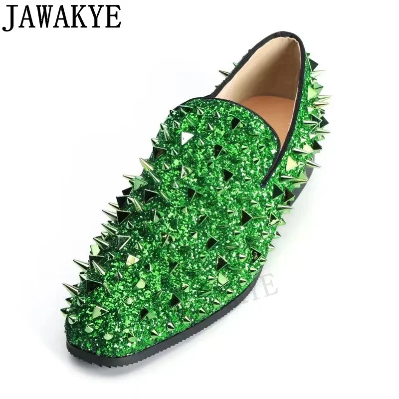 Jakakye-zapatos planos clásicos con remaches brillantes para hombre, mocasines sin cordones de punta redonda, coloridos, moda semanal