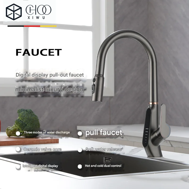 

CHOOXIWU-360 Swivel Kitchen Faucet Smart Digital Display Pull Down Tap 3 Water Outlet Modes Brass Mixer Taps For Modern Bathroom