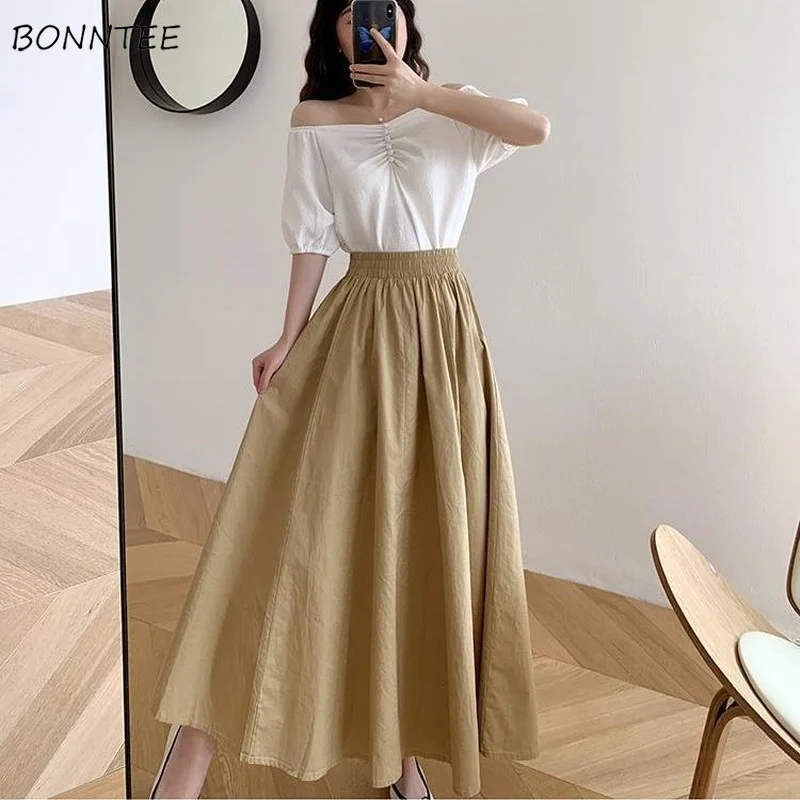 Skirts Women Solid Mid-calf Elegant Korean Style Retros New Spring Loose High Waist A-line Fashion All-match Chic Midi Faldas