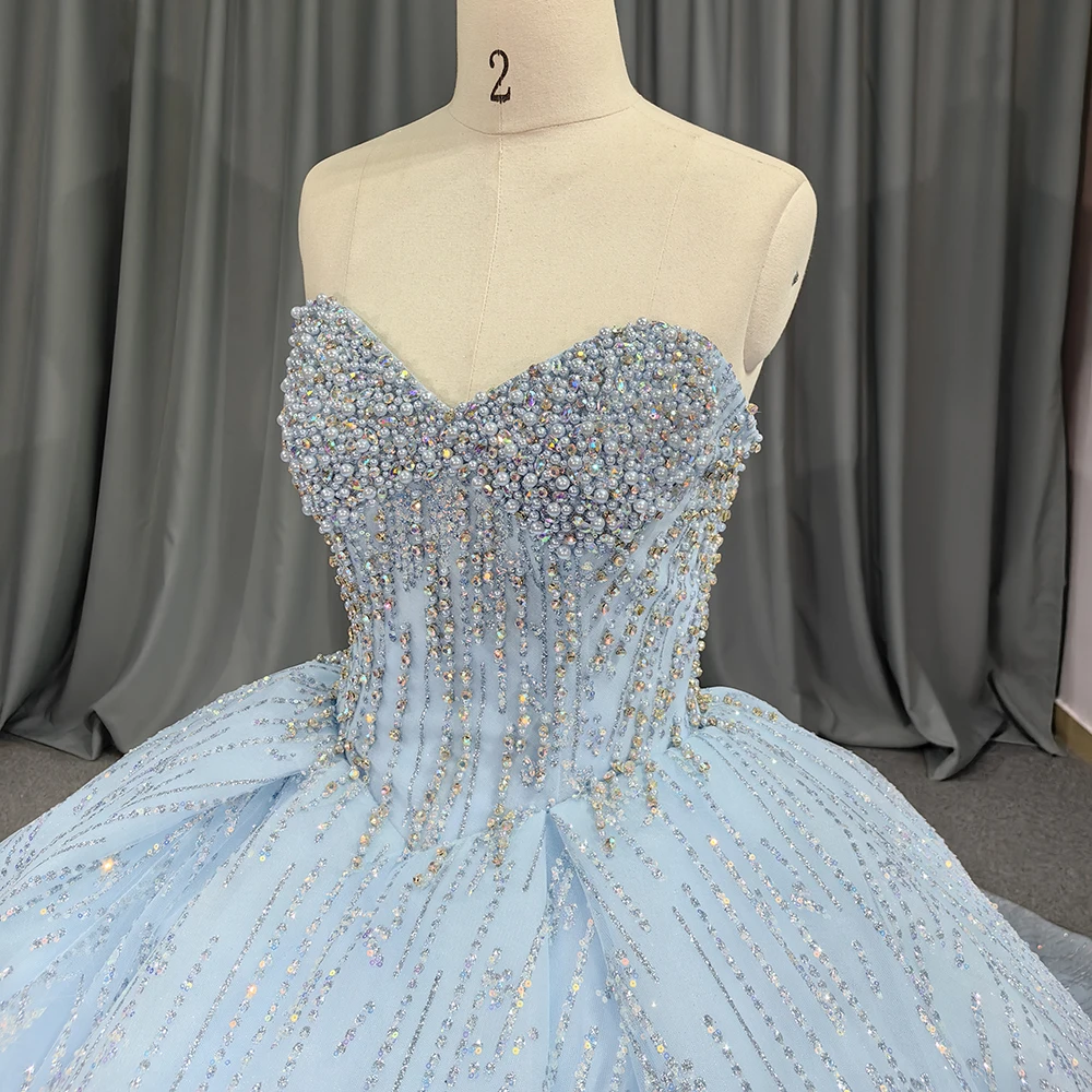 

Sky Blue Evening Dress Sweetheart Collar Sexy Backless Sequined Prom Dress With Trailing Tail 6631