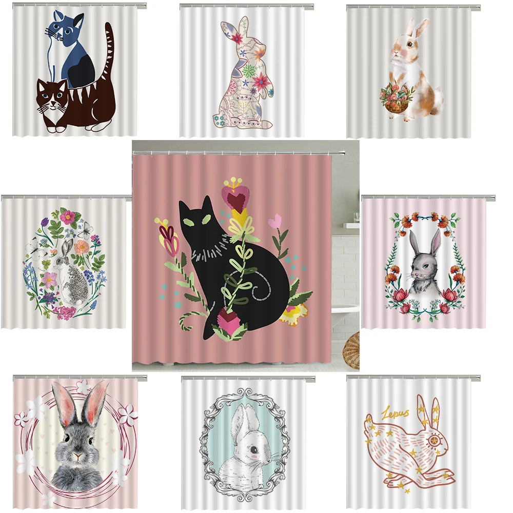 Cat Rabbit Animal Print Floral Home Decor Shower Curtain Waterproof Polyester   cortina de la ducha