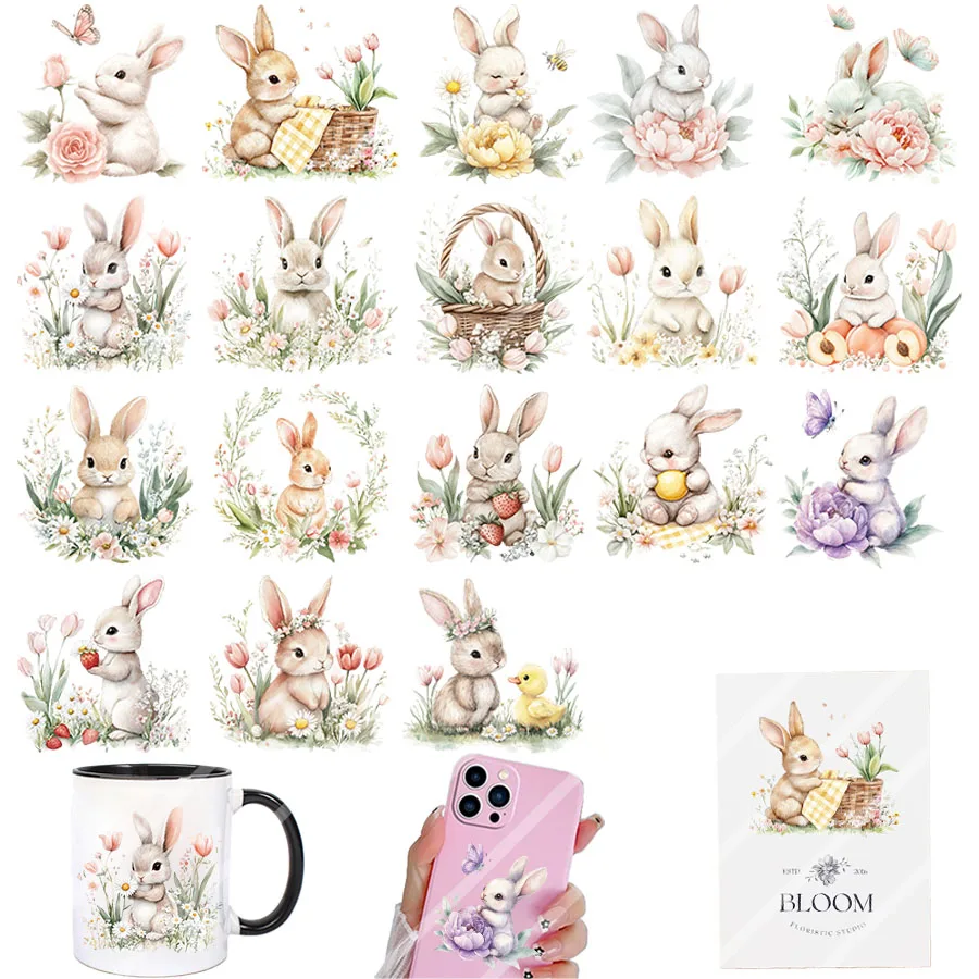 3pcs Spring Bunnies Floral Easter DIY UV DTF Rub On Glass Cup Wrap Transfer Sticker Crafts Mug Bottles Greeting Cards Decor