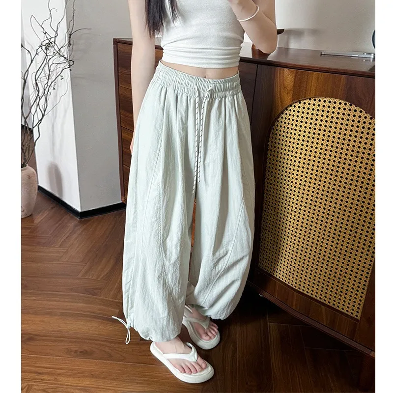 

Taslan Ice Silk Брюки-фонарики Летние брюки для женщин Тонкая высокая талия Миниатюрные девятиточечные брюки с тыквой Повседневные широкие брюки