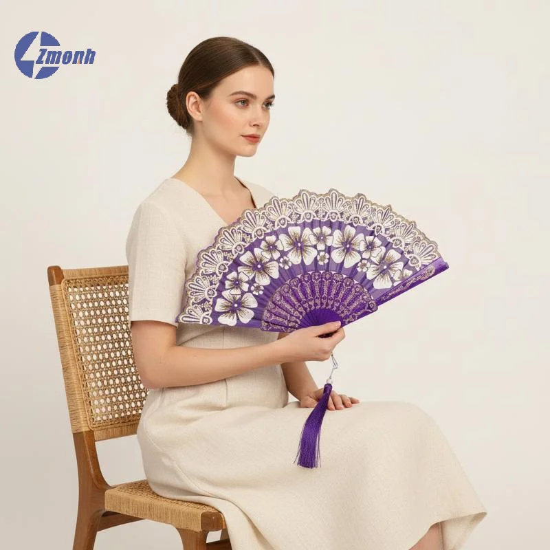 New！Chinese-Style Flowers Folding Fan For Performances & Hanfu Photos With Elegant Floral & Pearl Tassels Design Festive Decor