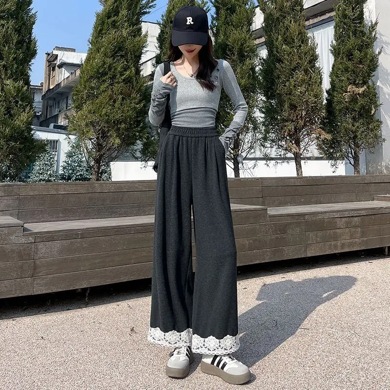 Lace Lace Spliced Wide-leg Pants for Women in Spring High Waist Loose Slim Straight Pants Small Nine-point Guard Pants