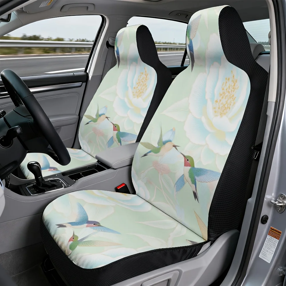 Two-Dimensional Flat Printing, Set Of Two, Reliable And Long-Lasting Car Seat Covers Featuring A Design Of Hummingbirds And Flow