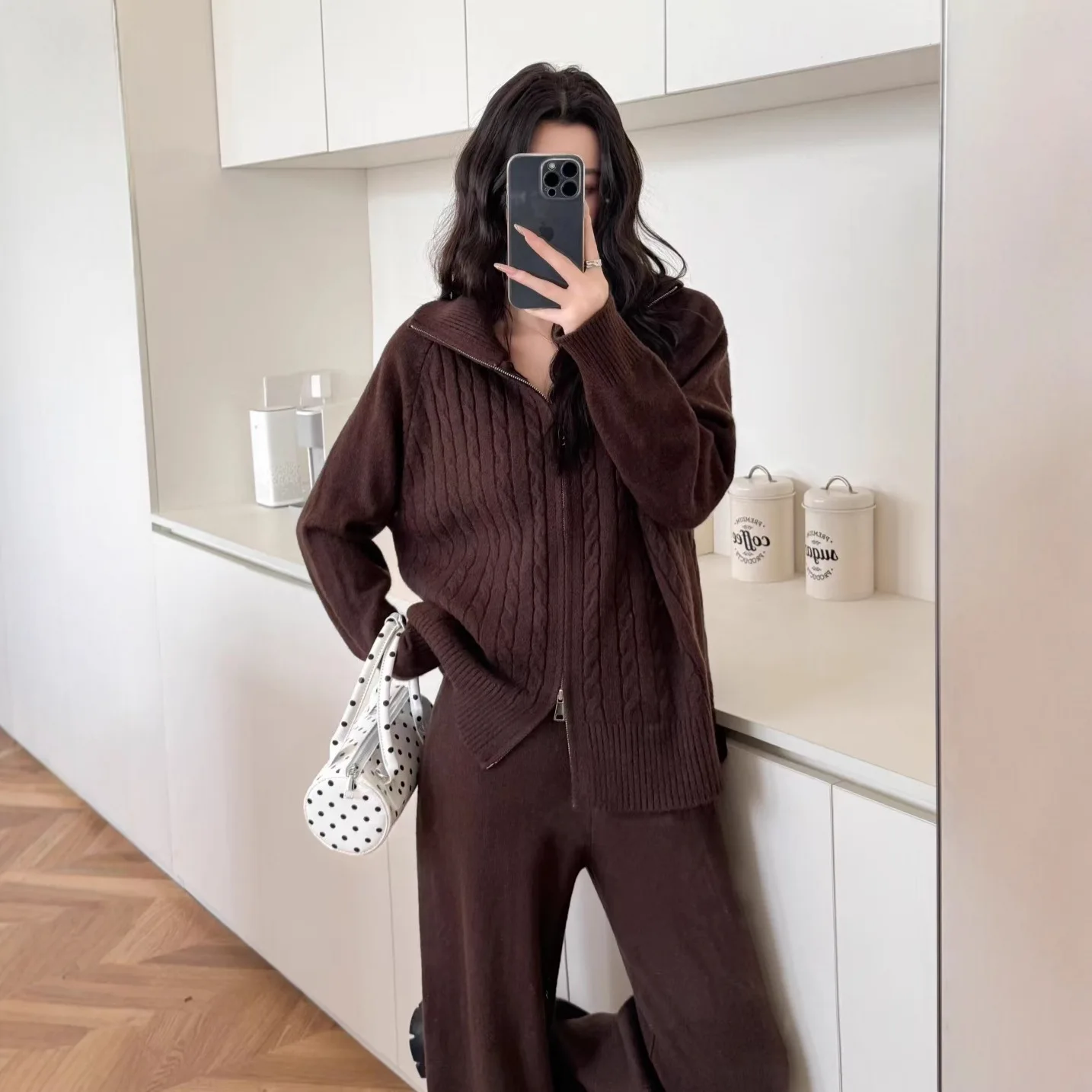 투피스 여성 니트 팬츠 세트 매칭 세트 캐주얼 지퍼 턴다운 칼라 스웨터 Y2K 와이드 레그 팬츠 루즈핏 2025 가을