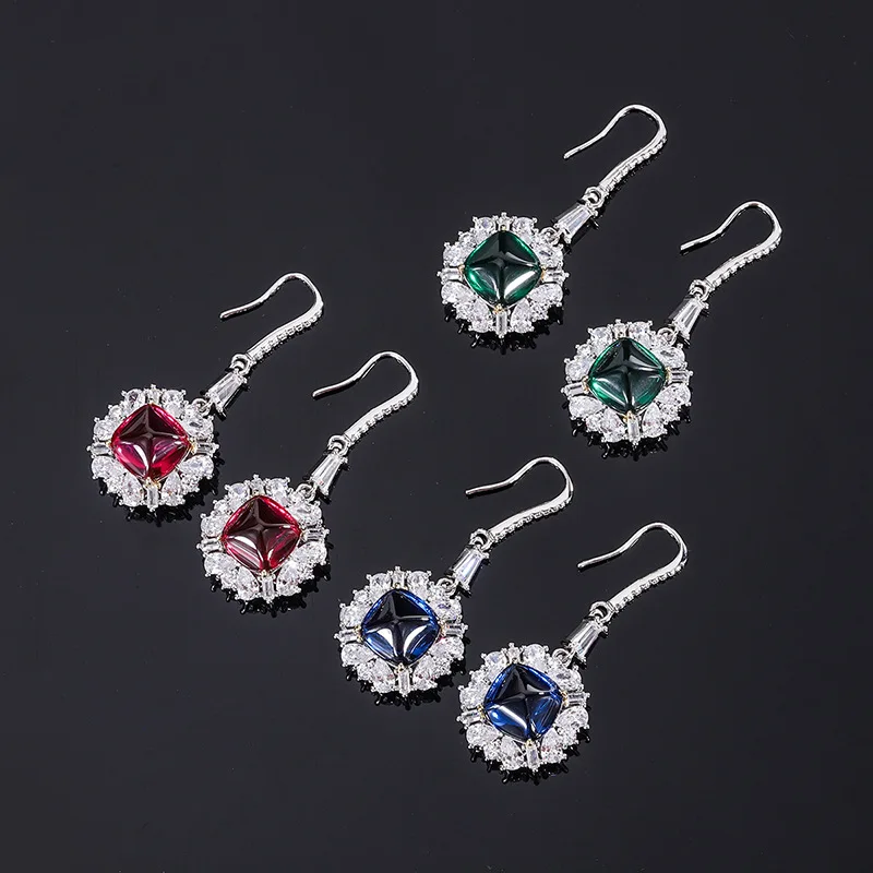 S925 Silver Plated 18K Gold Plated PT950 Platinum Colored Treasure Candy Tower Full Diamond Earrings Main Stone 10*10