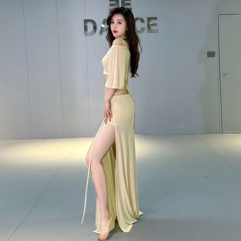 Trajes de dança do ventre mocha personalizados, conjunto de roupas de prática de malha, vestido de classe, top + saia (saia vem com calças de segurança)