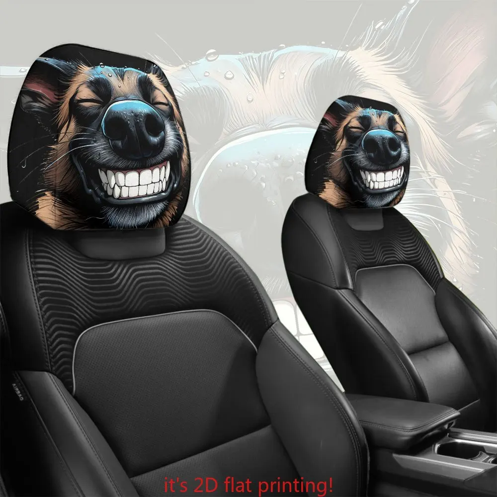 2pcs Grinning German Shepherd Printed Car Headrest Covers 100% Polyester Washable Protective Neck-Friendly for Long Road
