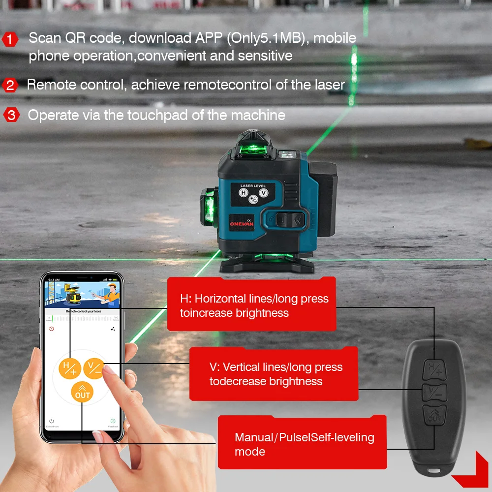 ONEVAN 16-liniowa poziomica laserowa 4D Samopoziomująca poziomica 360° pozioma i pionowa krzyżowa Super mocna zielona poziomica laserowa z 2