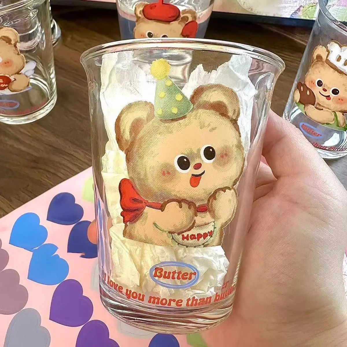 Новинка 2023 года, стильная милая серия High Beauty Butter Bear, стеклянная чашка с принтом, мультяшная домашняя чашка для кофе, завтрака, молока, 300 мл