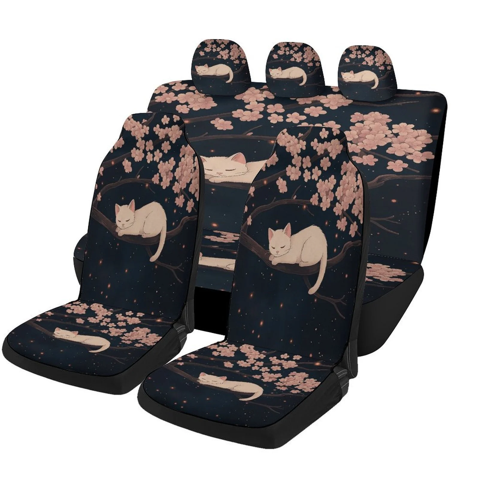Juego de fundas para asientos de coche con diseño de un gato durmiendo por la noche, diseñadas para adaptarse a la mayoría de los vehículos. Estas fundas modernas y transpirables son un servicio útil.