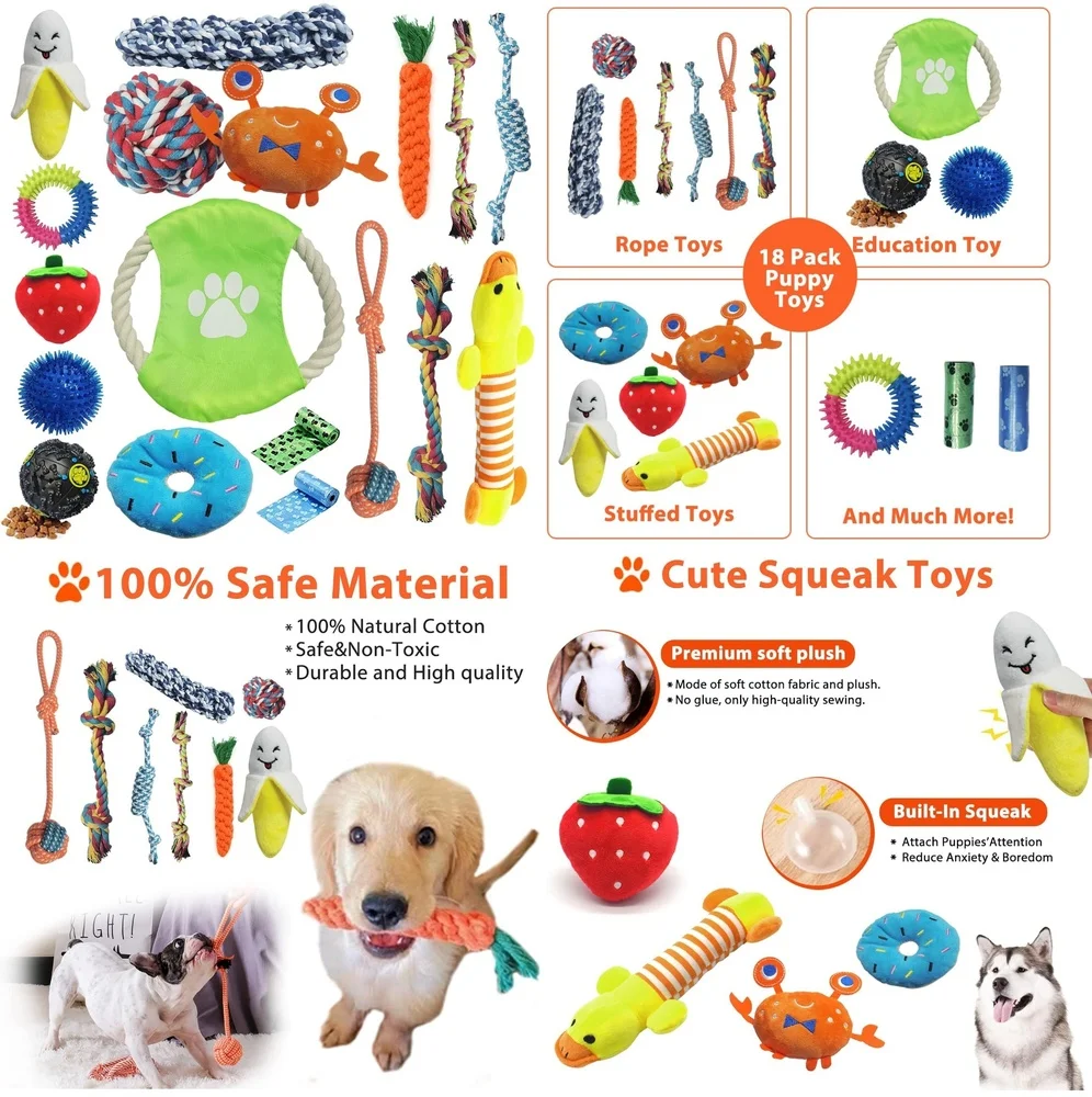 

18 piece dog toys set chew rope toy for puppies durable braided tug and chew toys teething puppy toys pet dental care playtime