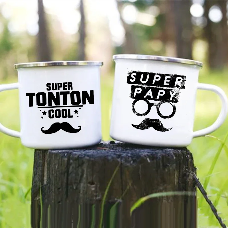 Super Tonton Papy Printed Funny Enamel Creative Coffee Cups Camping Mugs Handle Drinkware Vacation Mug Father's Day Best Gifts