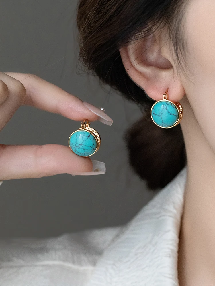 French new fashion jewelry 14K gold plated round crack blue stone double-sided earrings elegant women's daily work accessories
