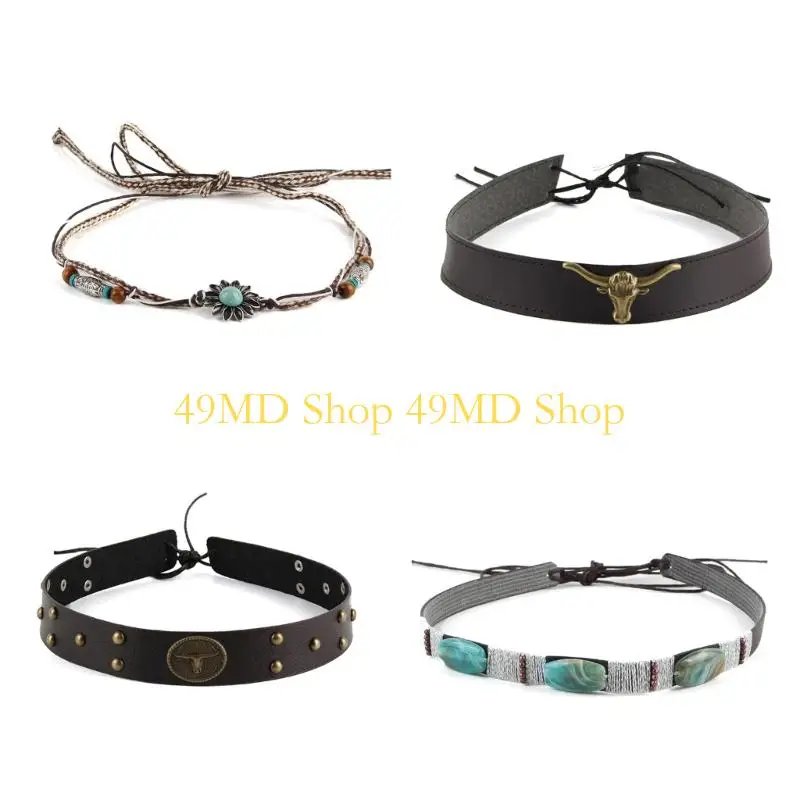 

49MD Straw Weaving Ethnic Western Hat Belts Adjustable Hat Band for Hats