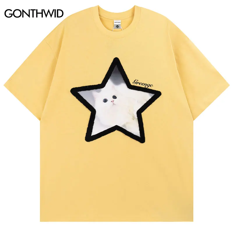 Harajuku T-Shirt Y2K Embroidery Star Cute Cat Graphic Print Unisex Streetwear Tshirt Men Fashion Summer Loose Casual Top Couple