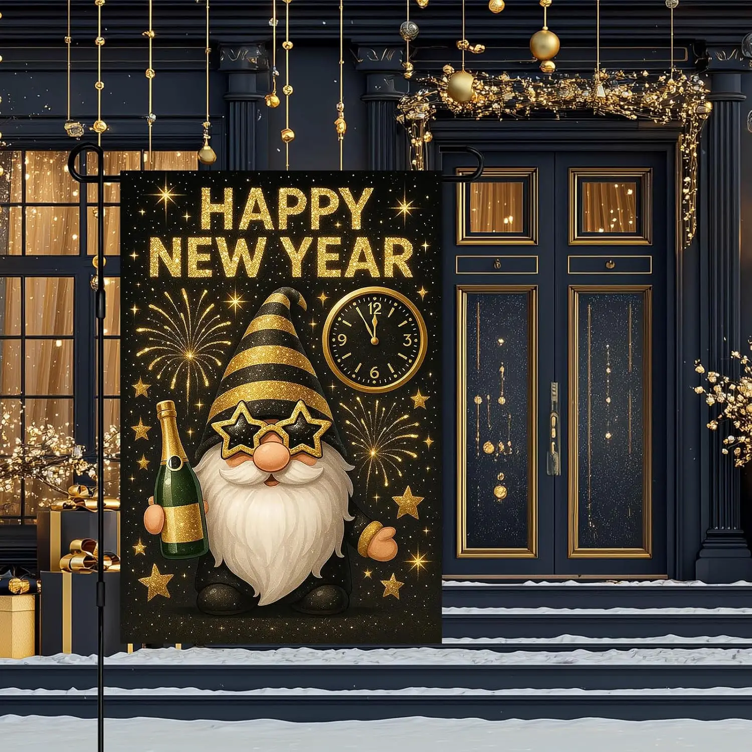 Happy New Year Garden Flag 12x18 Inch Gnome Banner Double Sided Flag Outdoor Yard Decoration with Champagne for Home Lawn Po SSL