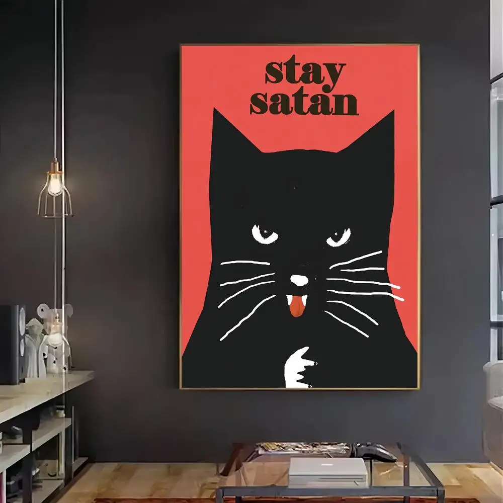Stay Satan Black Cat HD Wall Art Poster Vintage Polish Retro Funny Animal Music Illustration Home Decor Cat Lover Gift