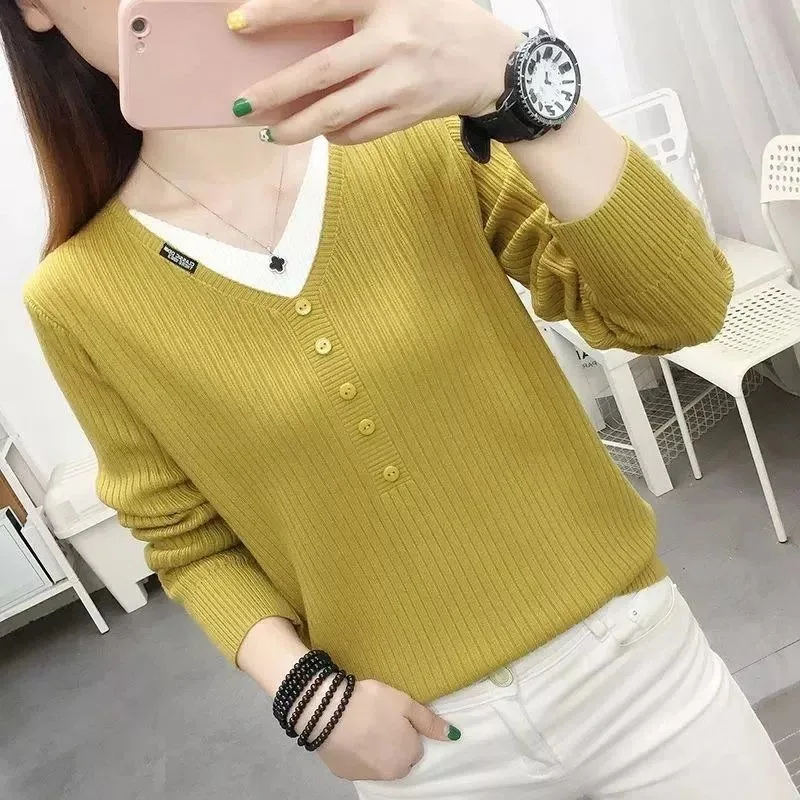 

V Neck Women's Knit Sweater Aesthetic Y2k Vintage Top Korean Fashion Wear To Work Smooth Warm Fake Two Piece Ladies Pullovers
