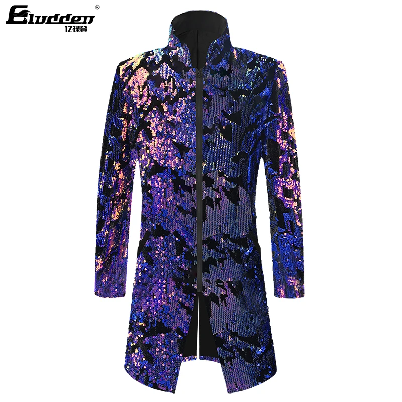 Men Double-sided Colorful Sequins Long Suit Jacket Blazer Male Gradient Sequins Coat Stage Singer Costume Shiny trench jacket