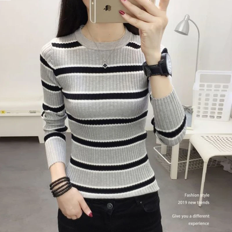 Autumn Winter New Striped Patchwork Sweaters Ladies Slim Casual Fashion All-match Jumpers Top Women Bottoming Knitting Pullovers