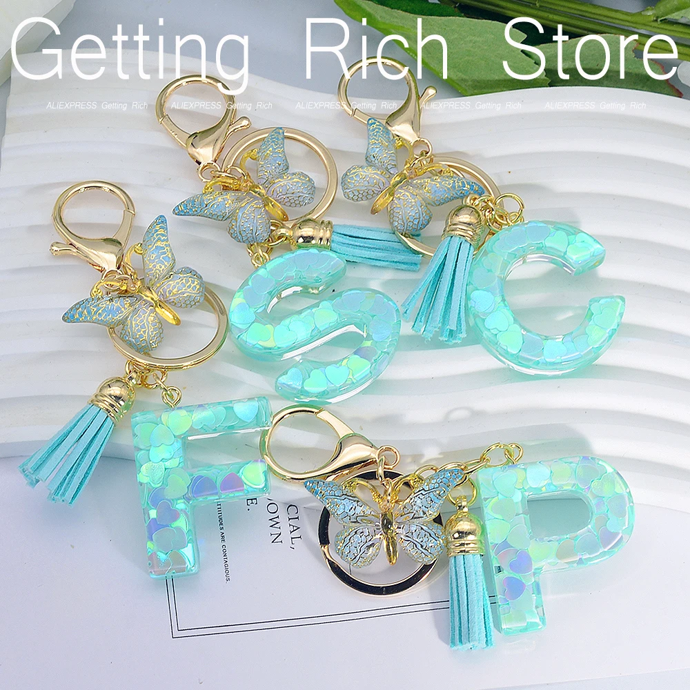 A-Z Green Heart Sequin Letter Keychain Resin Initials Name Keyring With Butterfly Tassel For Friend Purse Bag Handbag Decor Gift