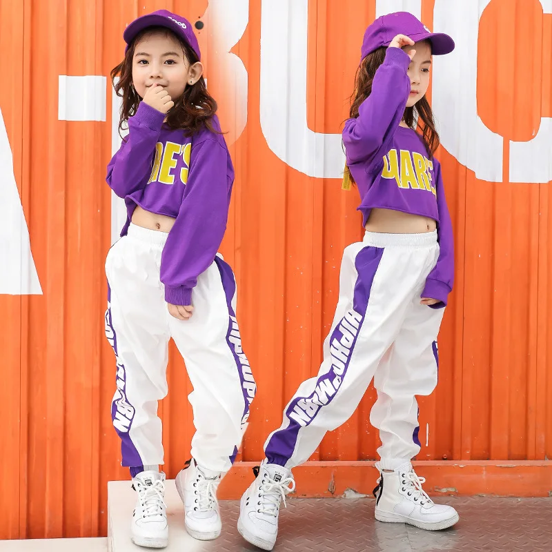 Traje de actuación de baile de Jazz para niñas, ropa de calle para niños, ropa de Hip Hop, trajes de manga larga, Sudadera corta, pantalones de Jogger