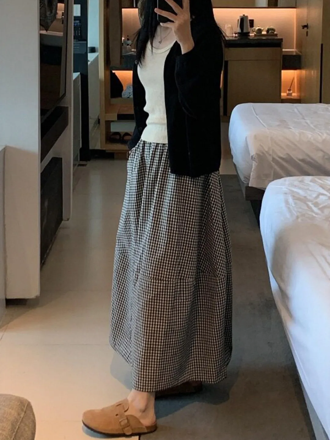 Falda de cintura alta coreana a cuadros con corte en A para mujeres con figura de pera, ideal para primavera, verano y otoño, estilo casual para el día a día, con decoración de corte recto.