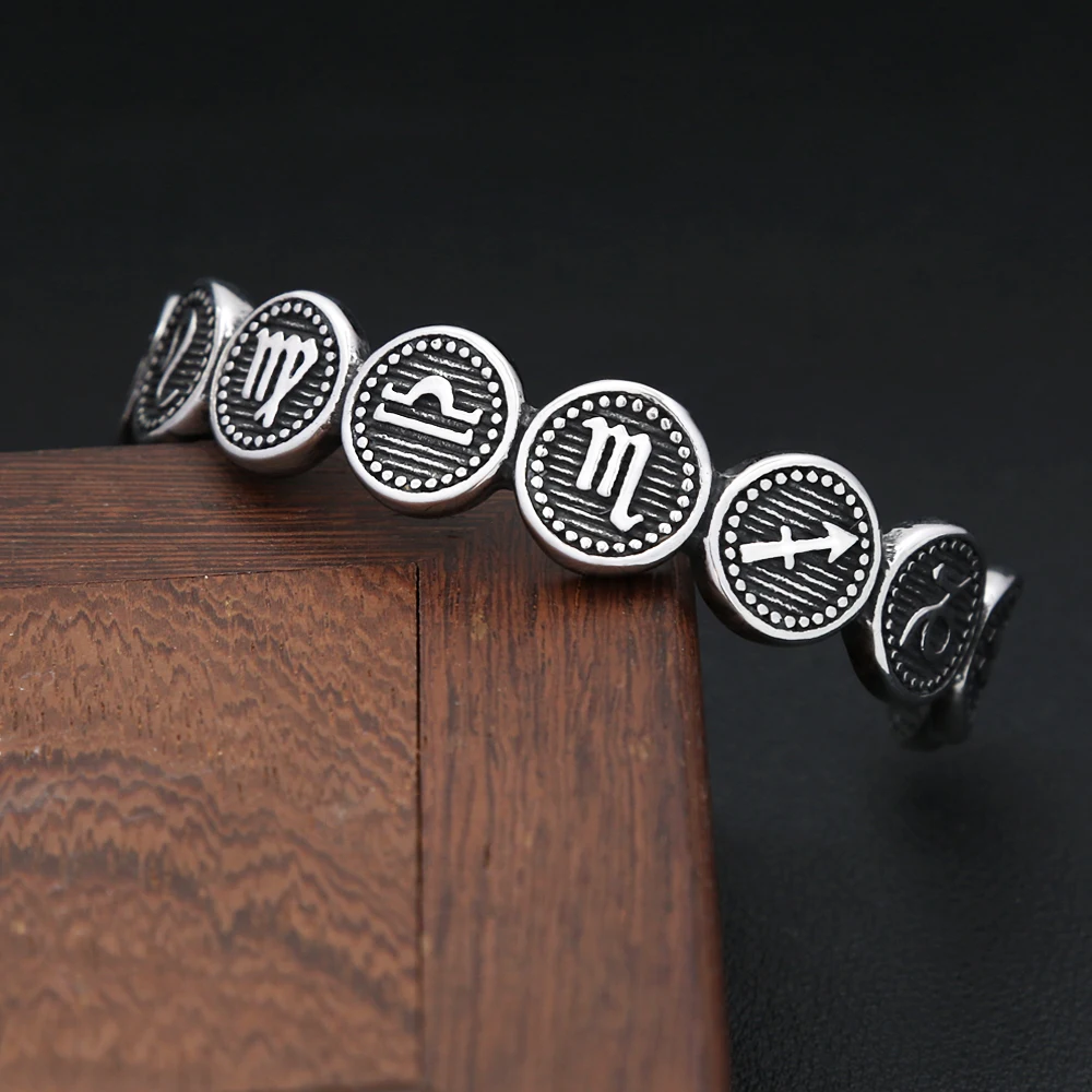 

Fashion Vintage Stainless Steel 12 Constellation Bracelets For Men Women Punk Hip Hop Opening Cuff Bangles Couple Amulet Jewelry