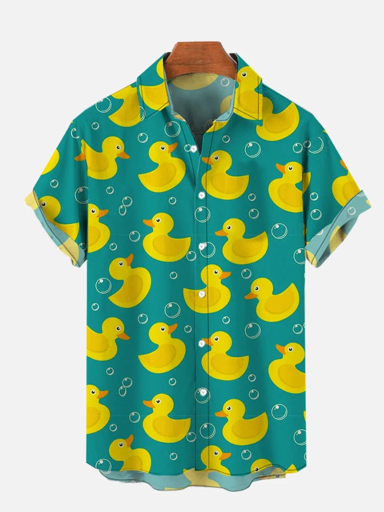 Camisa havaiana masculina, curta de pato 3D, ajuste justo, Harajuku, blusa floral, moda masculina, retrô, verão