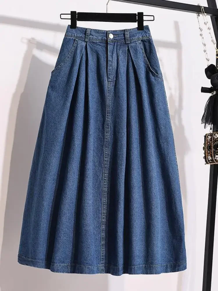 Fashion High Waist Big Size Long Skirt Female Vintage Korean Denim Skirts Womens Elegant A-line Umbrella Jeans Skirt Chic P308